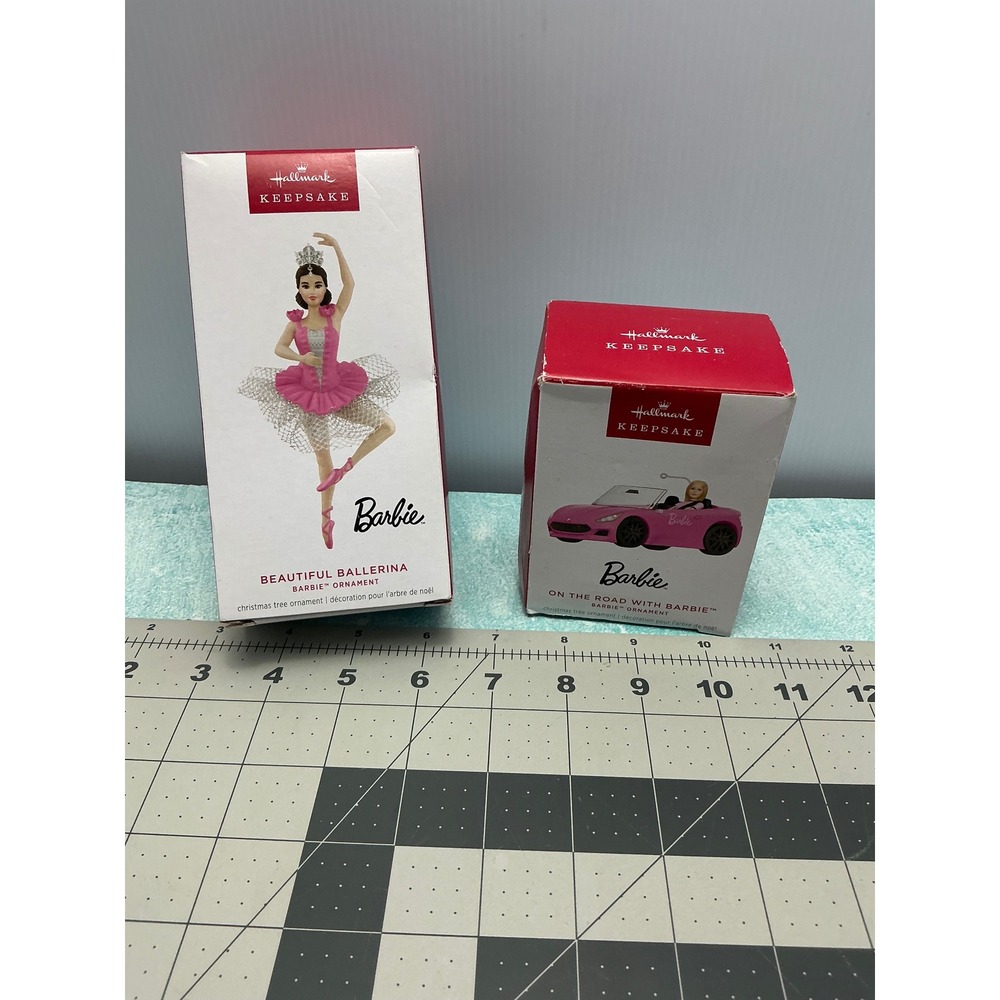 Hallmark Keepsake Barbie Ornaments 2017‎ Ballerina & 2018 Pink Convertible Set
